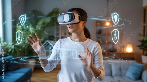 A woman wearing virtual reality headset is immersed in digital world, showcasing blend of technology and modern lifestyle. vibrant lighting enhances futuristic atmosphere, created with generative ai