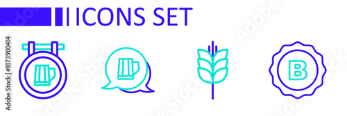 Set line Bottle cap, Wheat, Wooden beer mug and Street signboard with icon. Vector