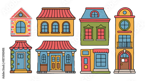 Colorful Cartoon Houses: A charming collection of vibrantly colored cartoon houses, each with unique architectural details, creating a whimsical village scene. 