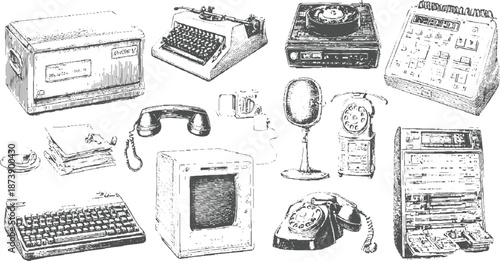 Vintage office technology collection featuring a typewriter, rotary phones, a calendar, and early computing devices in a detailed style