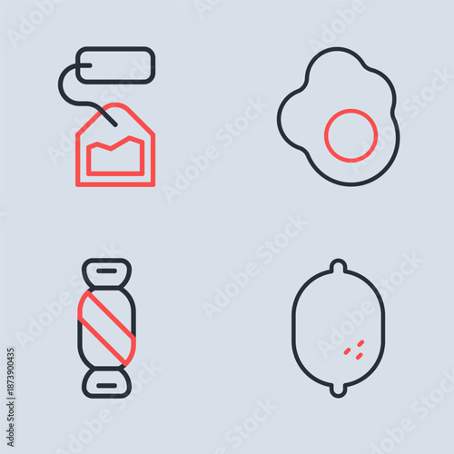 Set line Scrambled egg, Candy, Lemon and Tea bag icon. Vector