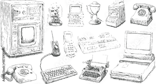 Assortment of retro and early digital technology including computers, typewriters, phones, and a laptop in a detailed style