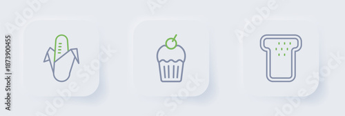 Set line Bread toast, Muffin and Corn icon. Vector
