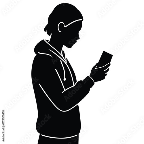 Silhouette of a person wearing a hooded jacket looking down at their smartphone screen