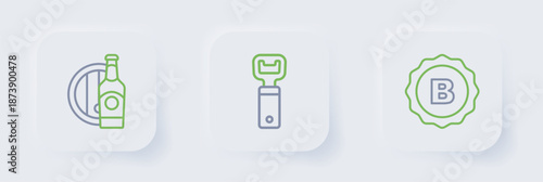 Set line Bottle cap, opener and Beer bottle and wooden barrel icon. Vector