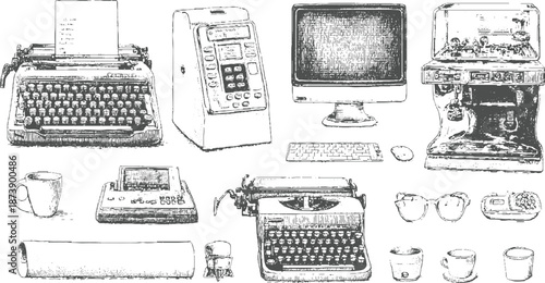 Collection of vintage office equipment including typewriters, a computer monitor, keyboard, mouse, and coffee cups, rendered in a detailed style