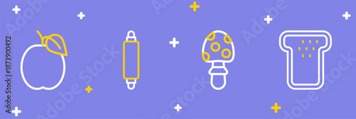 Set line Bread toast, Fly agaric mushroom, Rolling pin and Plum fruit icon. Vector