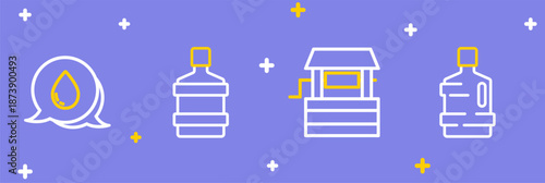 Set line Big bottle with clean water, Well, and Water drop speech bubbles icon. Vector