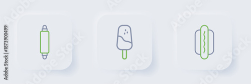 Set line Hotdog, Ice cream and Rolling pin icon. Vector
