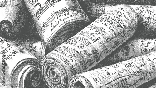 A collection of antique rolled sheet music scrolls with handwritten musical notation and clefs creating a vintage artistic composition