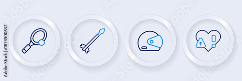 Set line Heart rate, Racing helmet, Medieval arrows and Tennis racket with ball icon. Vector