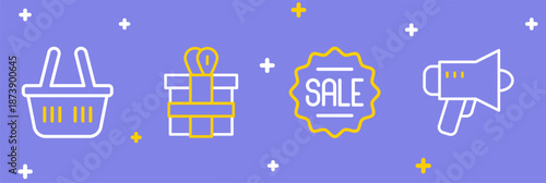 Set line Megaphone, Price tag with Sale, Gift box and Shopping basket icon. Vector