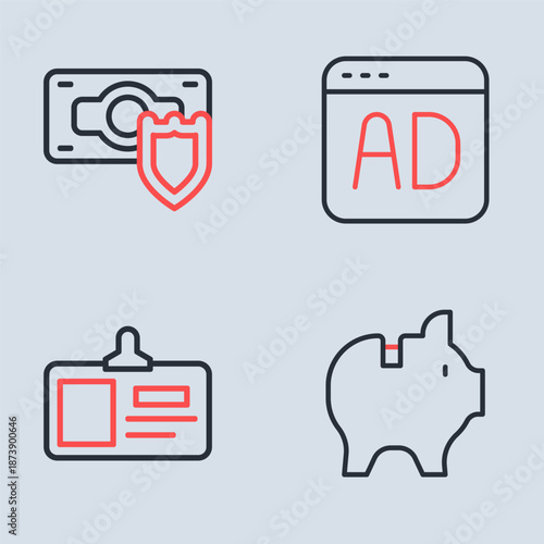 Set line Advertising, Identification badge, Piggy bank and Money with shield icon. Vector