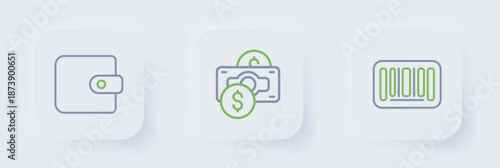 Set line Barcode, Stacks paper money cash and Wallet icon. Vector