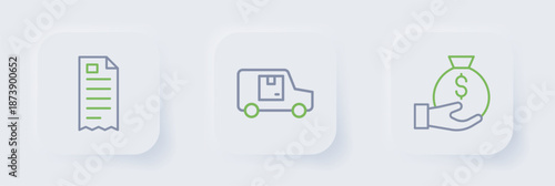 Set line Money bag, Delivery cargo truck and Financial check icon. Vector