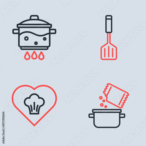 Set line Spatula, Chef hat, Cooking pot and spice and on fire icon. Vector