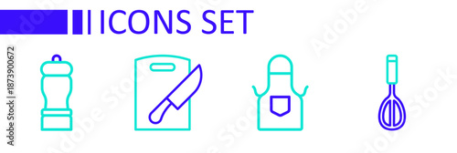Set line Kitchen whisk, apron, Cutting board and knife and Pepper icon. Vector