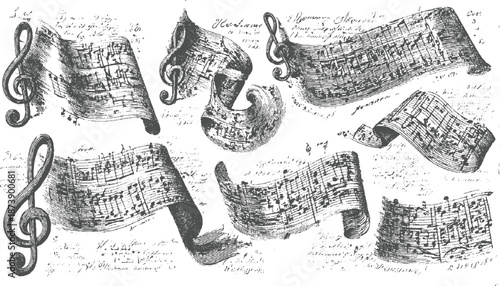 Assortment of vintage musical scrolls and loose sheets of handwritten sheet music featuring treble clefs and intricate musical notation