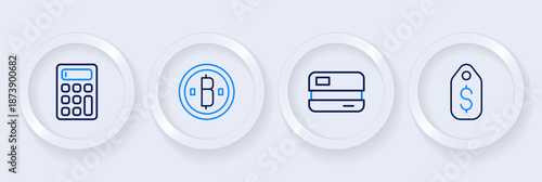 Set line Price tag with dollar, Credit card, Cryptocurrency coin Bitcoin and Calculator icon. Vector