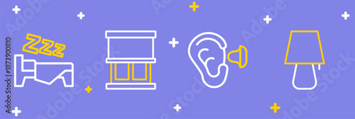Set line Table lamp, Earplugs and ear, Window with curtains and Time to sleep icon. Vector