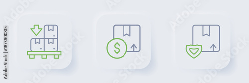 Set line Delivery security with shield, Carton cardboard box and Cardboard boxes pallet icon. Vector