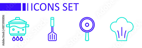 Set line Chef hat, Frying pan, Spatula and Cooking pot on fire icon. Vector
