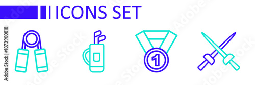 Set line Fencing, Medal, Golf bag with clubs and Sport expander icon. Vector