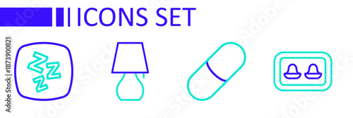 Set line Earplugs with storage box, Sleeping pill, Table lamp and Sleepy icon. Vector