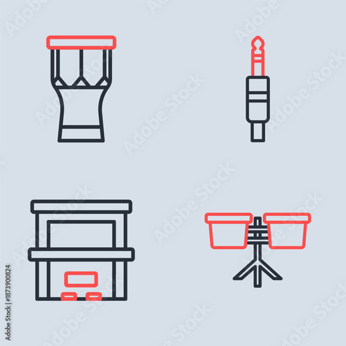 Set line Audio jack, Piano, Bongo drum and African percussion icon. Vector