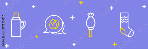 Set line Socks, Opium poppy, Leaf and Thermos container icon. Vector