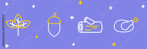 Set line Roasted turkey or chicken, Wooden log, Acorn and Winter hat icon. Vector