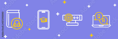 Set line Question and Answer, Web camera, Graduation cap mobile and Audio book icon. Vector
