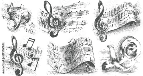 Vintage musical notations and treble clefs rendered in a detailed style on a white background creating an artistic and classic composition