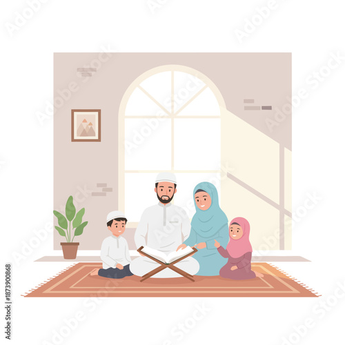 A heartwarming illustration of a Muslim family's sacred moment at home, with parents teaching their children from the holy book, fostering faith, knowledge, and cultural traditions
