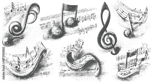 Detailed stippled of musical notes and treble clefs on aged paper, evoking a sense of historical musical composition and artistic expression