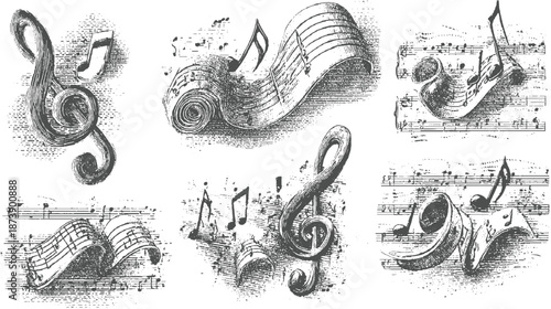 Engraved musical including treble clefs, notes, and scrolls of sheet music in a detailed vintage style for artistic inspiration