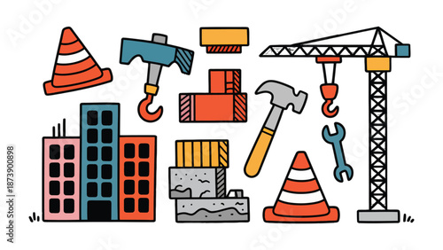 Construction Tools and Equipment: A set of essential construction tools and equipment arranged, each element of the illustration showcases a key component of construction work.