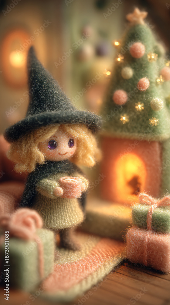Fototapeta premium Cute little Christmas doll made of yarn. Ai
