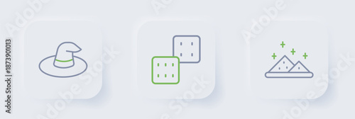 Set line Magic powder, Game dice and Witch hat icon. Vector