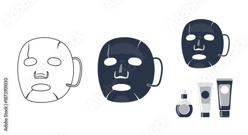 Set of cosmetic icons including a facial sheet mask in outline and flat styles, alongside various skincare product tubes and bottles.