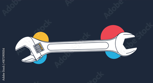 Modern flat design illustration of an adjustable wrench with colorful circles, symbolizing repair, maintenance, and mechanical tools.