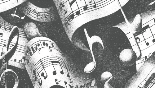 Abstract composition of overlapping musical notes, treble clefs, and staves rendered in a dense stippled technique, creating a dynamic visual rhythm