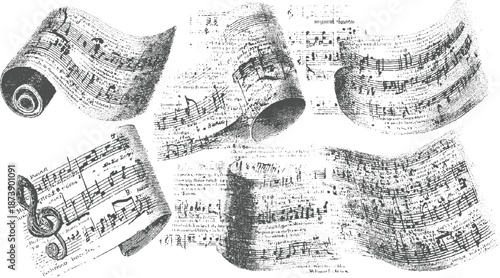 Collection of antique musical scores and sheet music fragments in a scattered arrangement with detailed grayscale engraving