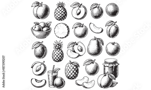 Tropical Fruits Icons Set - Pineapple Peach Orange Mango Juice Vector Pack