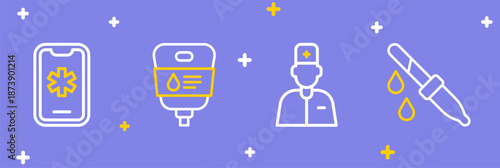 Set line Pipette, Male doctor, IV bag and Emergency call 911 icon. Vector
