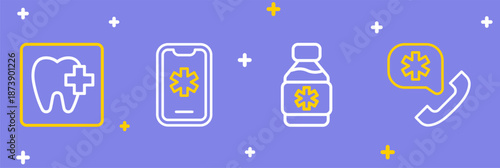 Set line Emergency call 911, Bottle of medicine syrup, and Dental clinic location icon. Vector
