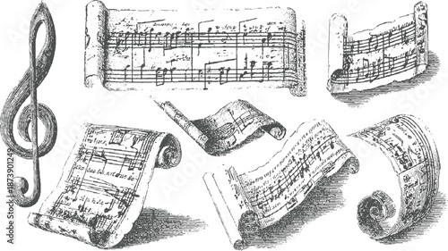 Collection of antique musical scrolls and a treble clef symbol presented in a monochromatic etched style on a white backdrop