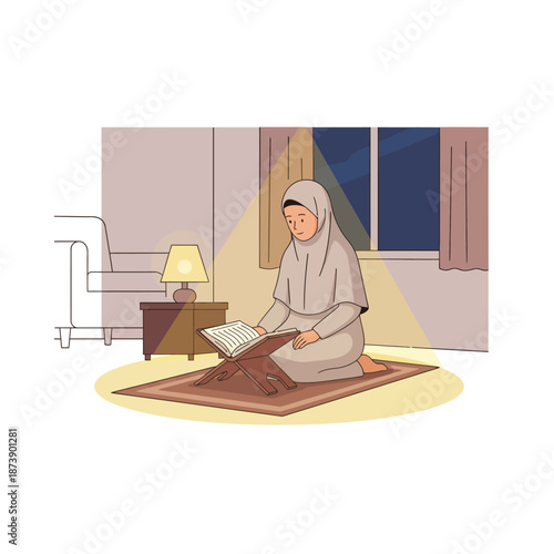 Devout Muslim woman in hijab peacefully reading a sacred book on her prayer mat at home, immersed in spiritual contemplation under soft lamplight during the quiet evening hours
