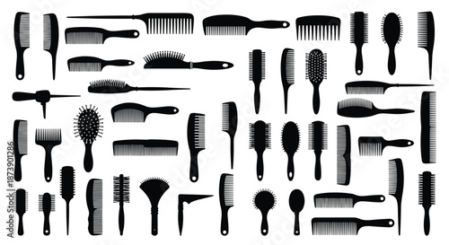 Large collection of black silhouettes featuring various types of hairbrushes and combs for hairdressing, styling, and personal hair care.
