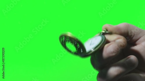 Antique pocket watches on chroma key displayed with close-up views and hands
